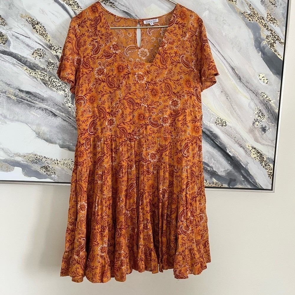 Patrons of Peace Orange Paisley Floral Boho Cottagecore Tiered Mini Dress size M